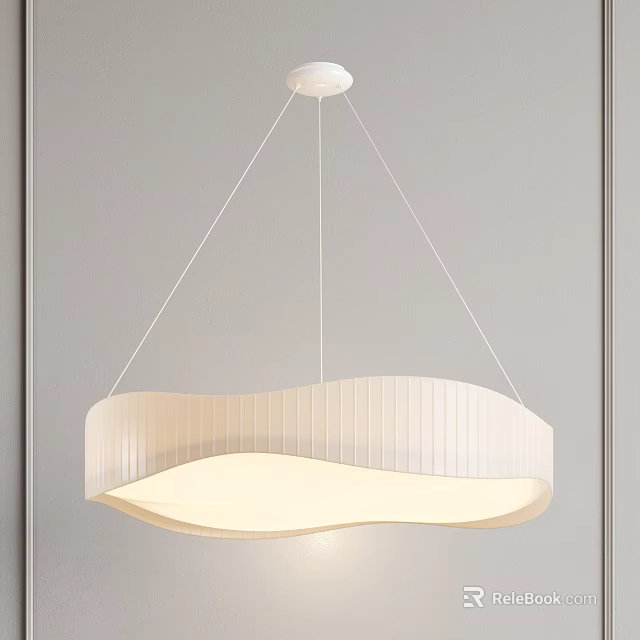 White Wave Shaped Striped Design Chandelier Hanging in Gray Room Illuminated 3d model 