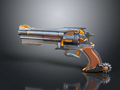 Futuristic Sci Fi Revolver With Orange Silver Metal Body Wooden Grip And Mechanical Gear Details 3d model
