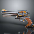 Futuristic Sci Fi Revolver With Orange Silver Metal Body Wooden Grip And Mechanical Gear Details