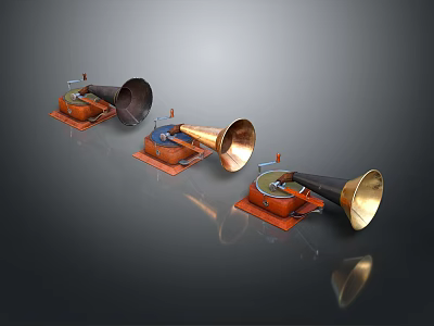 Vintage Phonographs With Wooden Bases Brass Horns And Retro Design 3d model