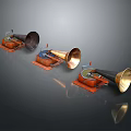 Vintage Phonographs With Wooden Bases Brass Horns And Retro Design