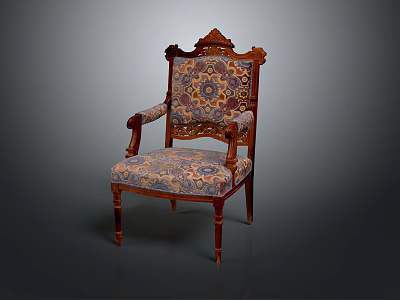 Classic Carved Wood Armchair With Patterned Fabric Upholstery And Ornate Design Details 3d model