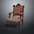 Classic Carved Wood Armchair With Patterned Fabric Upholstery And Ornate Design Details