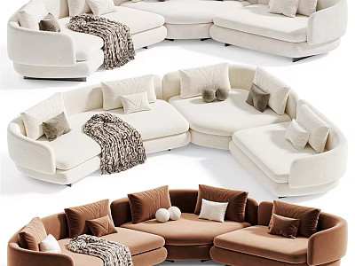 Beige and Brown Double Sofa with Decorative Pillows and Cozy Blanket 3d model