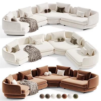 Beige and Brown Double Sofa with Decorative Pillows and Cozy Blanket 3d model