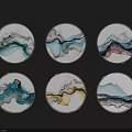 Six Abstract Ink Style Round Framed Paintings With Blue Black Yellow Patterns On Gray Background