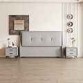 Modern Bedroom Interior With Gray Upholstered Bed Pillows Nightstand Artwork Wooden Floor And Light Rug