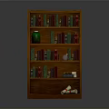 Wooden Bookshelf Filled With Books And Decorative Items On Dark Background