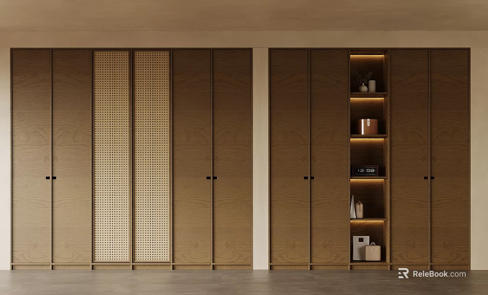 Modern Wooden Wardrobe With Lattice Panel Doors And Open Storage Shelves 3d model 