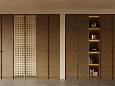 Modern Wooden Wardrobe With Lattice Panel Doors And Open Storage Shelves 3d model