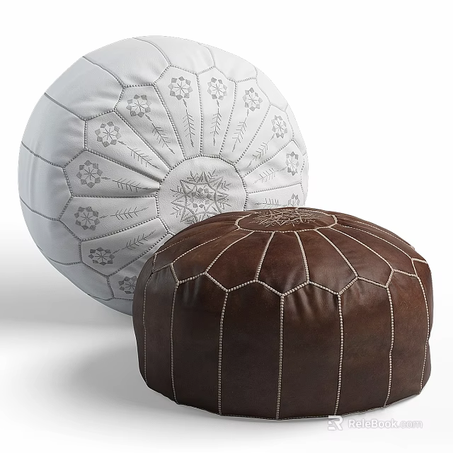 Brown and White Leather Pouf Ottomans with Embroidered Patterns and Stitching 3d model