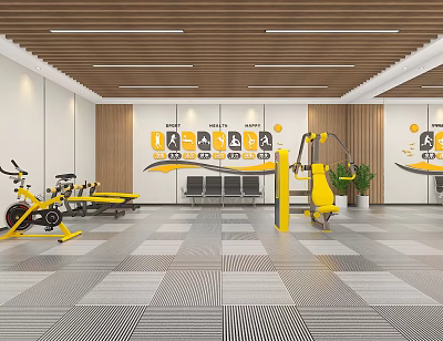 Gym Interior With Yellow Fitness Equipment Spin Bike Rower Wooden Ceiling And Fitness Icons 3d model