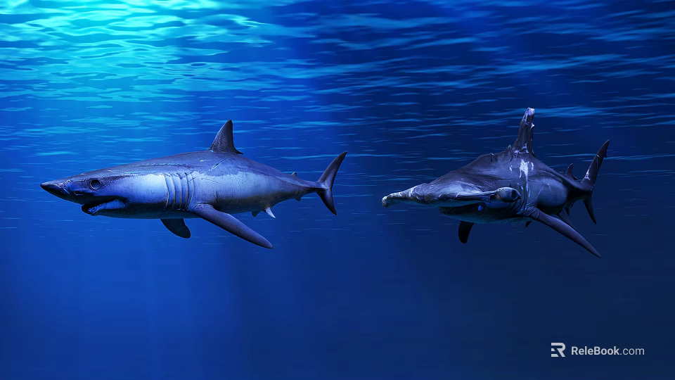 Two Sharks Swimming in Deep Blue Underwater with Clear Water 3d model