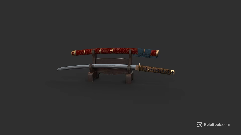 Traditional Japanese Katana Weapon with Red Blue Scabbard and Golden Handle on Wooden Stand 3d model 