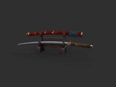 Traditional Japanese Katana Weapon with Red Blue Scabbard and Golden Handle on Wooden Stand 3d model