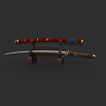 Traditional Japanese Katana Weapon with Red Blue Scabbard and Golden Handle on Wooden Stand