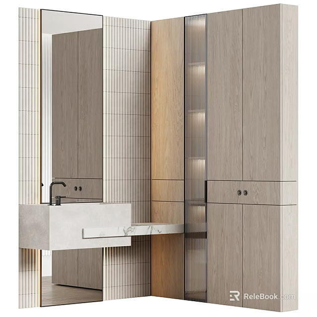 Modern Bathroom Washbasin Vanity Design With Concrete Countertop Wooden Cabinets And Large Mirror 3d model 