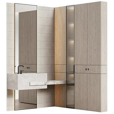 Modern Bathroom Washbasin Vanity Design With Concrete Countertop Wooden Cabinets And Large Mirror 3d model
