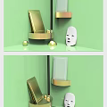 Perfume Cosmetics Display On Golden Shelves With Green Background White Mask And Decorative Balls
