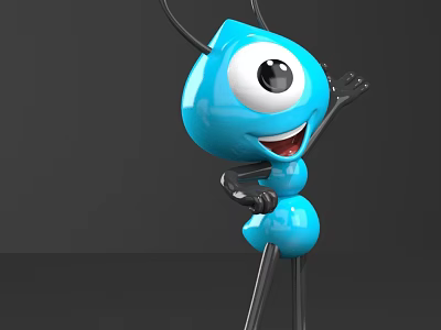 Cute Blue Ant Toy with Big Eyes Smiling Mouth Black Antennae Legs Right Hand Raised 3d model