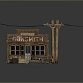 European Style Blacksmith Shop Building With Green Roof Wooden Crates And Power Poles