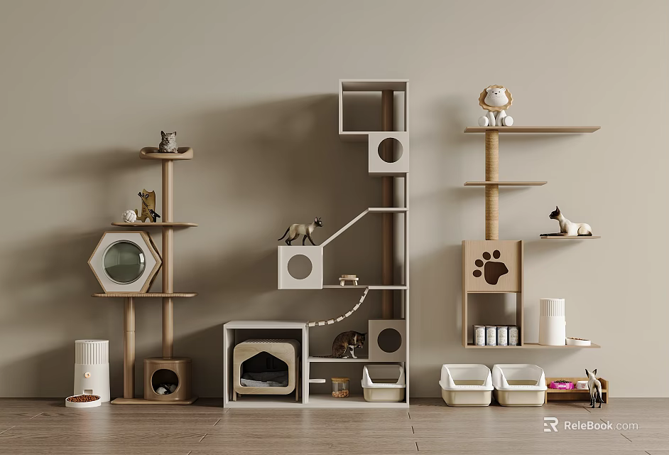 Stylish Pet Furniture Collection With Cat Tree Shelves Paw Print Decor And Toys 3d model 