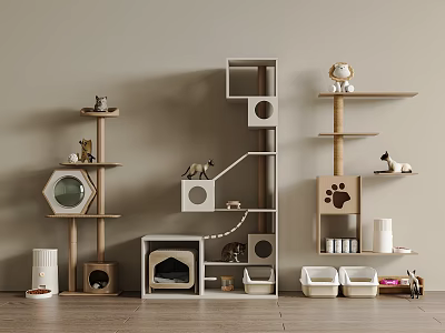 Stylish Pet Furniture Collection With Cat Tree Shelves Paw Print Decor And Toys 3d model