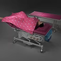 Pink Medical Bed with Mobile Cart and White Patterned Blanket for Patient Care