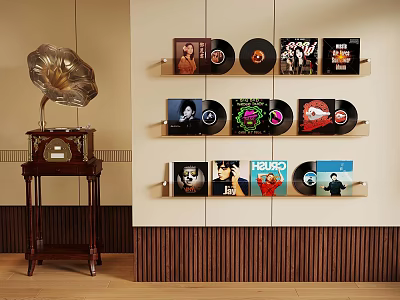 Vintage Gramophone And Vinyl Records Displayed On Wall Shelves In Retro Room 3d model