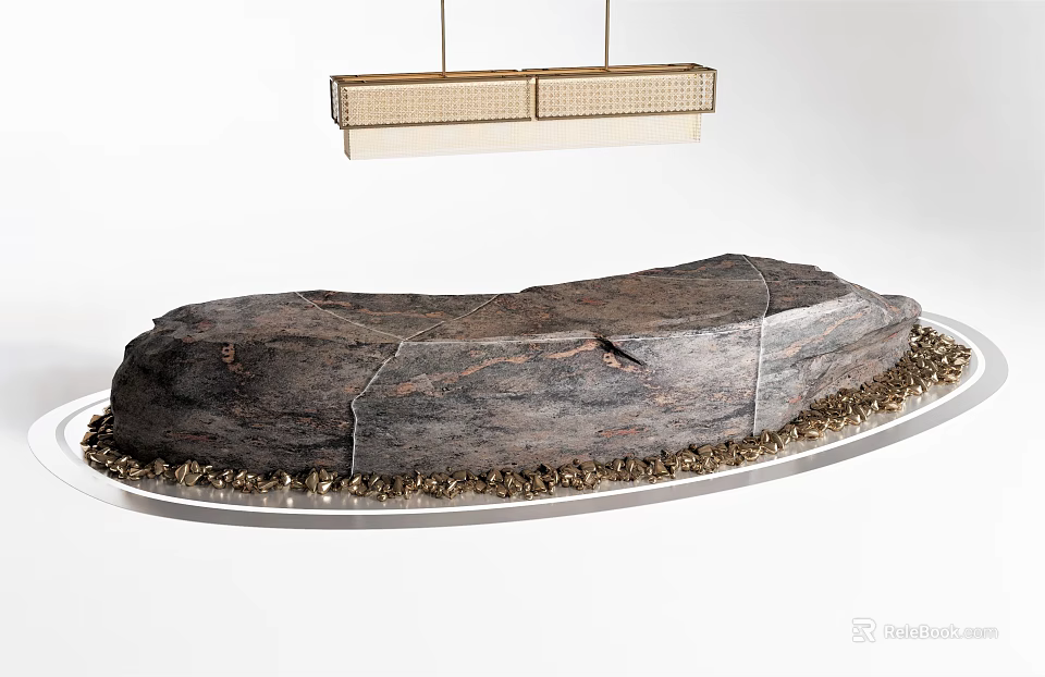 Modern Natural Stone Reception Desk With Golden Gravel And Woven Pendant Light 3d model 