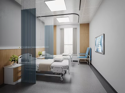 Modern Hospital Outpatient Ward With Beds Side Tables And TV 3d model