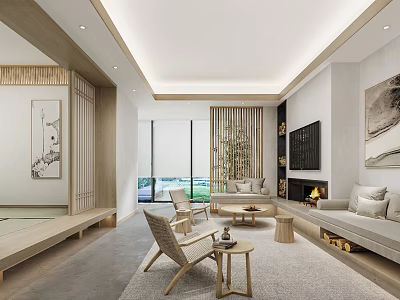 Modern Minimalist Living Room Interior Design With Wooden Elements Large Windows Natural Light And Fireplace 3d model