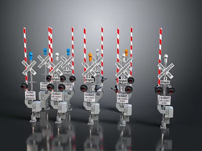 Multiple Railroad Crossing Signal Models With Striped Poles Mechanical Arms And Warning Lights 3d model