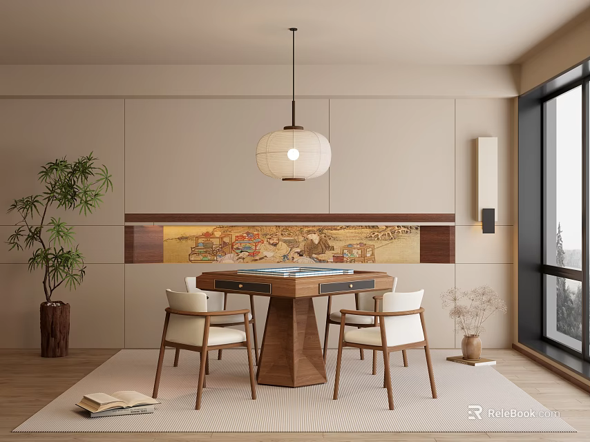 Chinese Style Entertainment Room Interior With Mahjong Table And Chairs 3d model 