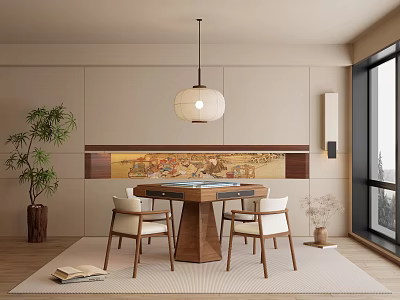 Chinese Style Entertainment Room Interior With Mahjong Table And Chairs 3d model