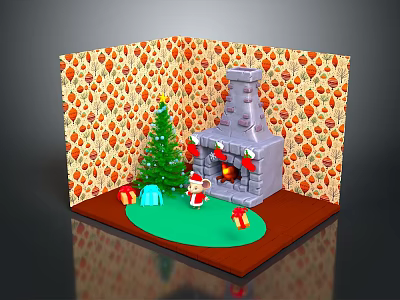Festive Christmas Indoor Scene With Christmas Tree Fireplace Gifts Stockings And Decorated Walls 3d model