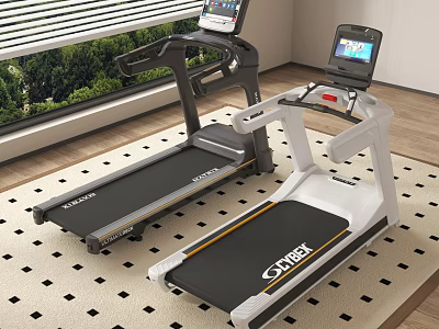 Indoor Fitness Space With Two Black And White Treadmills On Patterned Carpet 3d model
