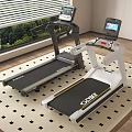 Indoor Fitness Space With Two Black And White Treadmills On Patterned Carpet