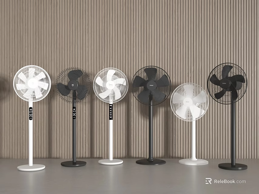 Several Black And White Pedestal Air Cooler Fans Display Indoors With Wooden Wall Background 3d model 