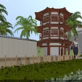 Ancient Chinese Architecture Tower With Palm Trees Green Shrubs Wooden Fence And People Nearby