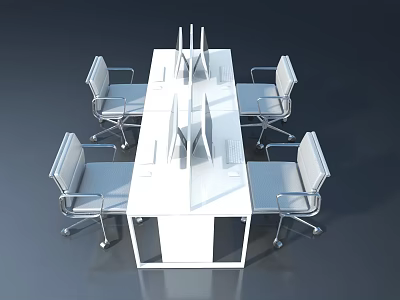Modern Office Workspace Featuring White Desk Computers And Swing Doors 3d model