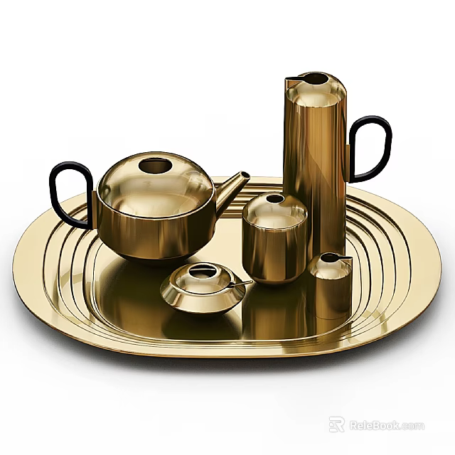 Golden Metallic Tea Set With Modern Design On Round Serving Tray 3d model 