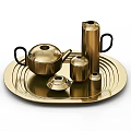 Golden Metallic Tea Set With Modern Design On Round Serving Tray 3d model
