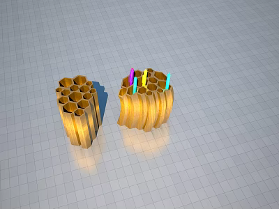 Two Golden Honeycomb Structure Objects With Colorful Thin Rods Inside 3d model