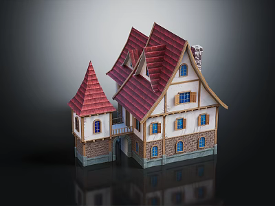 Cartoon Fairy Tale Cottage With Red Tiled Roofs White Walls And Pointed Towers 3d model