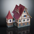 Cartoon Fairy Tale Cottage With Red Tiled Roofs White Walls And Pointed Towers