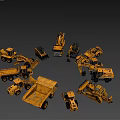 Various Yellow Construction Functional Vehicles Including Bulldozers Loaders Arranged In Circle