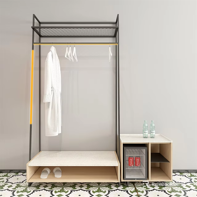 Metal Clothes Rack With Black Frame Yellow Accent White Robe Hangers And Wooden Shelf 3d model 