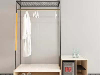 Metal Clothes Rack With Black Frame Yellow Accent White Robe Hangers And Wooden Shelf 3d model