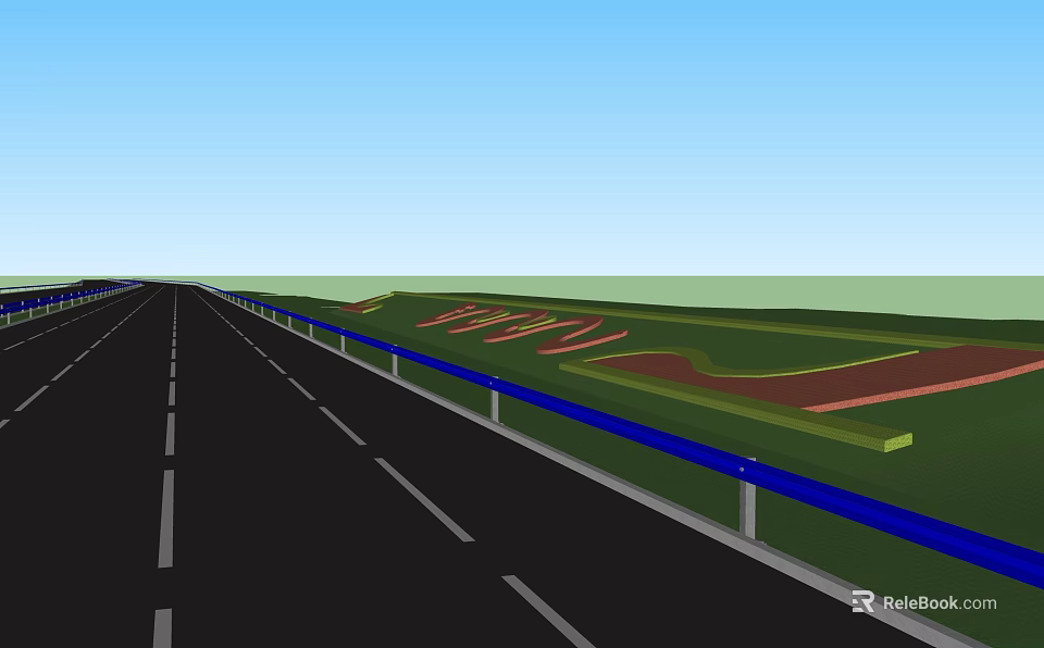 Wide Black Asphalt Road With White Dashed Lines Blue Guardrail Green Grass And Red Track 3d model 